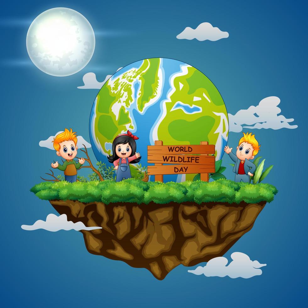 World Wildlife Day sign with happy kids at night scene vector