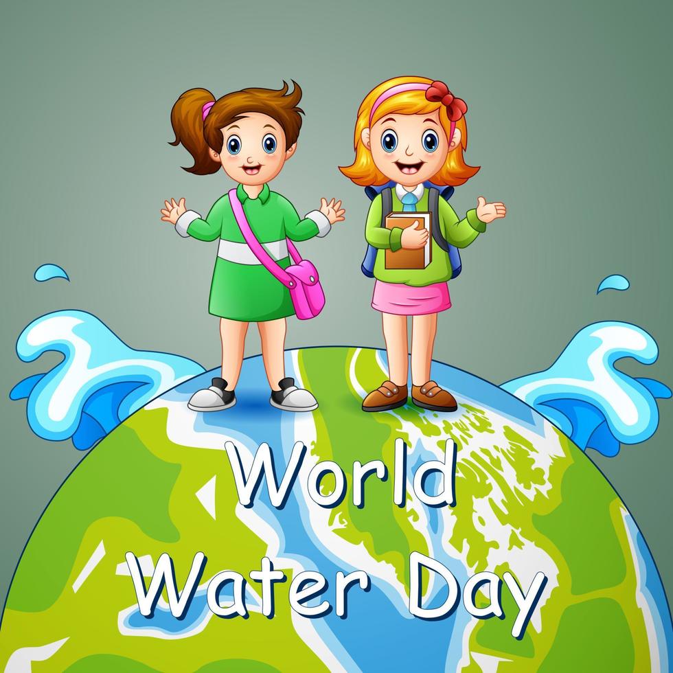 World water day design with two school girls on earth vector