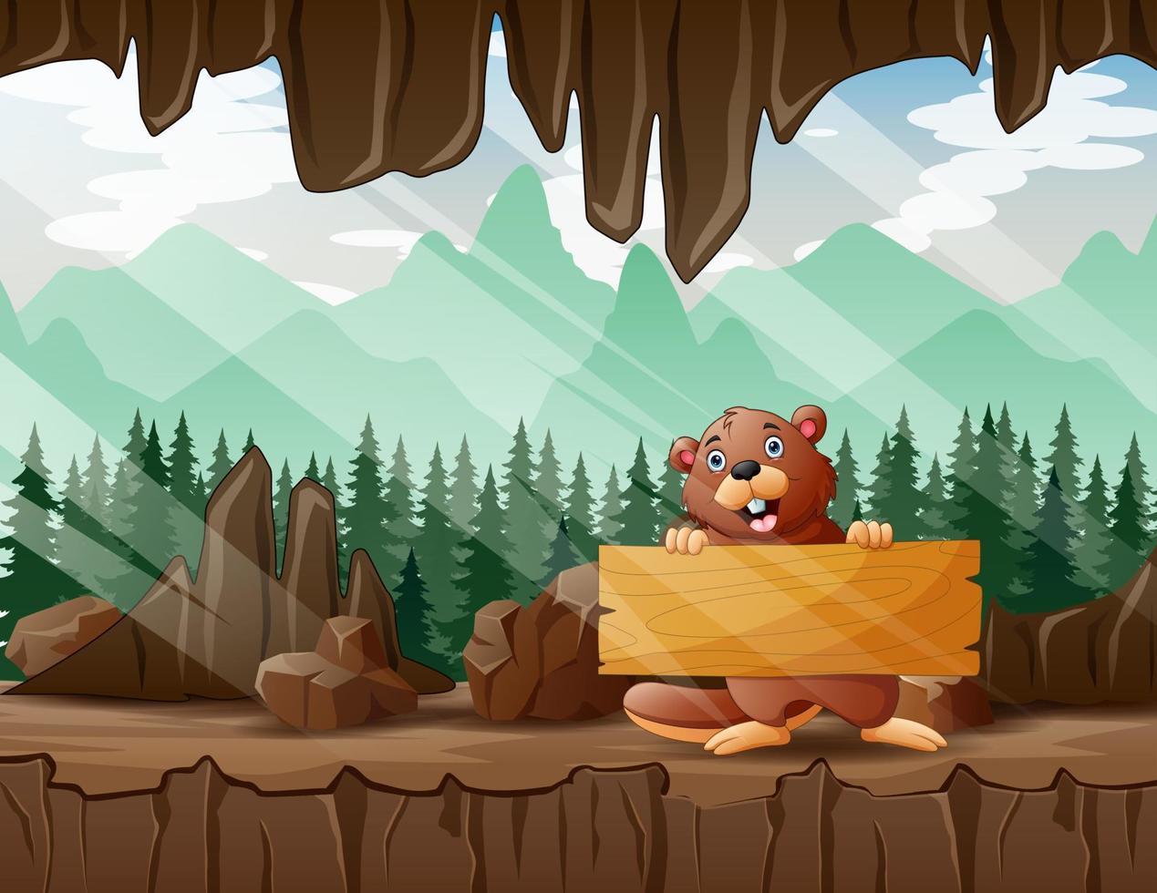 Cartoon a beaver holding wooden sign in the cave entrance vector