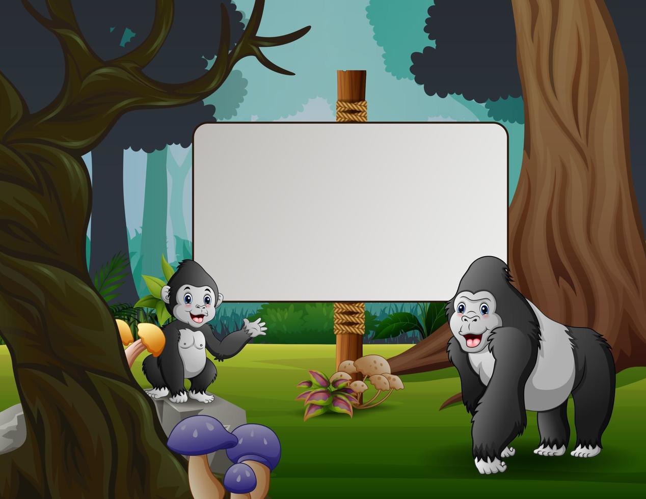 Cute a gorilla with her cub standing near the blank sign vector