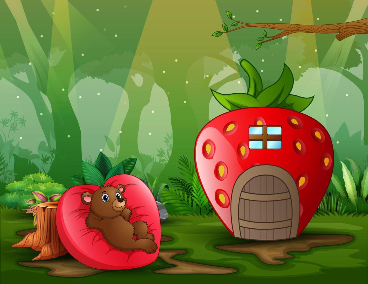 Fantasy house scene with a bear relax on heart shaped bed vector