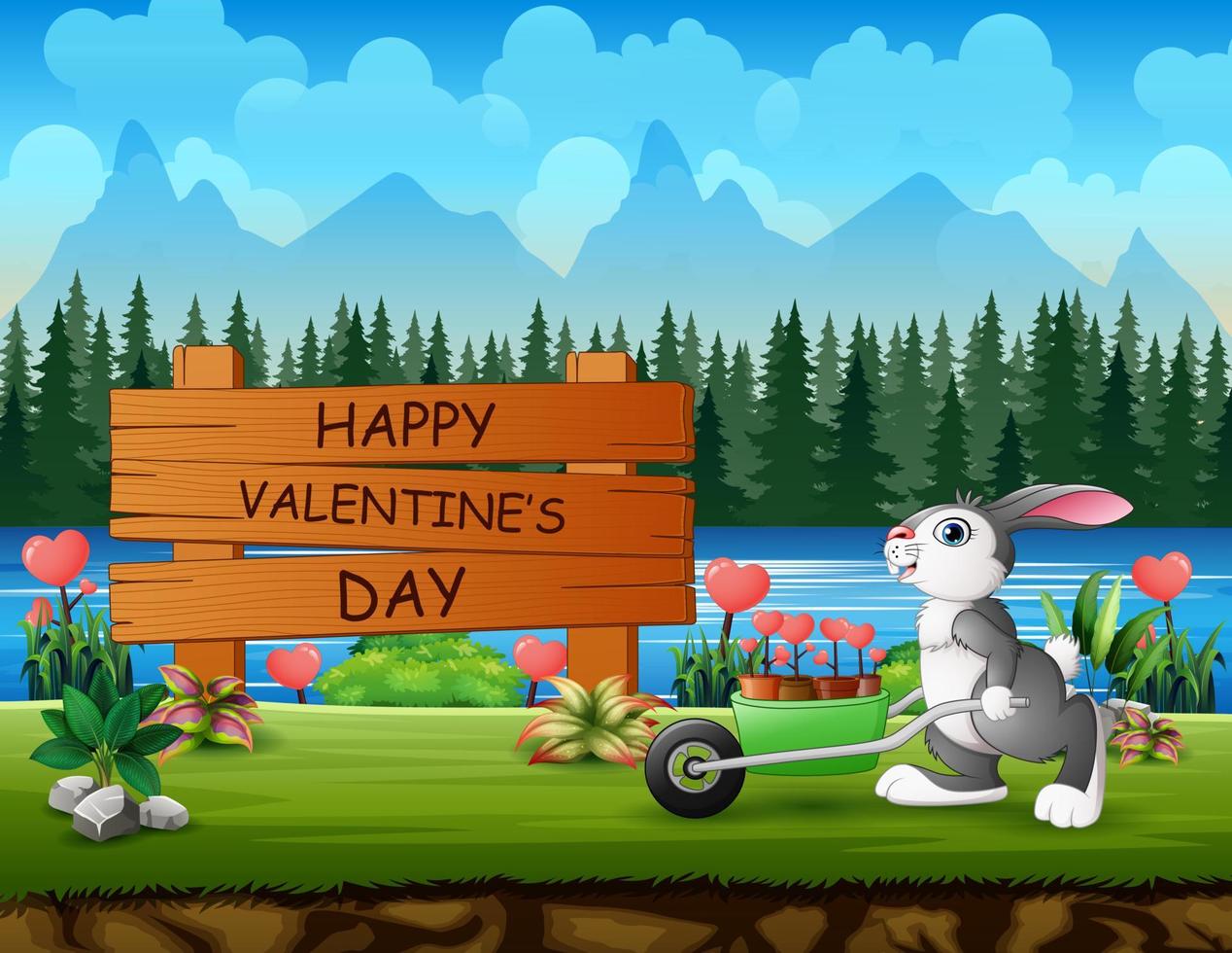 Happy Valentines Day sign with a rabbit pushing heart flowers vector