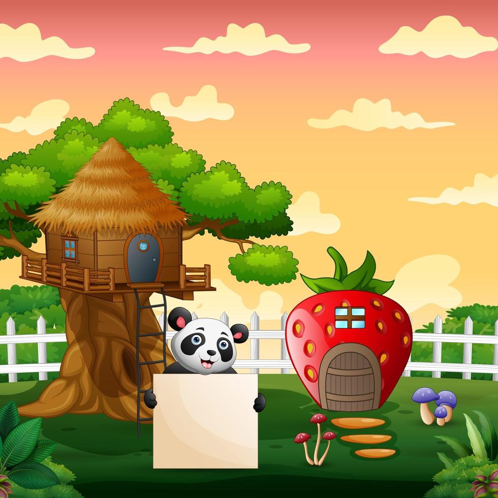 panda de dibujos animados con un cartel en blanco en medio de la casa del árbol y la casa de las fresas vector