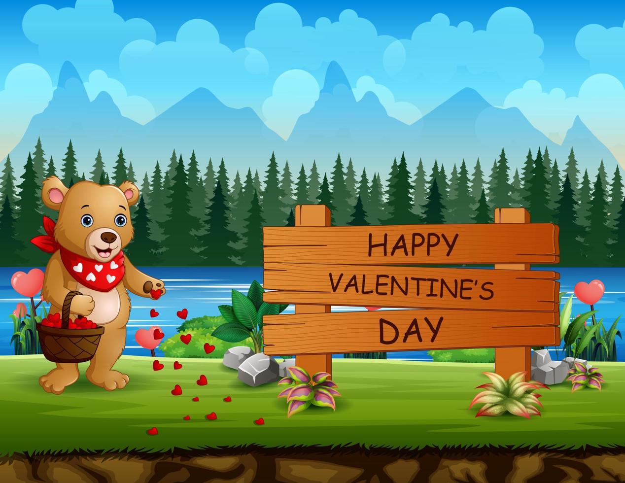 Happy Valentines Day sign with bear holding a basket of red heart vector