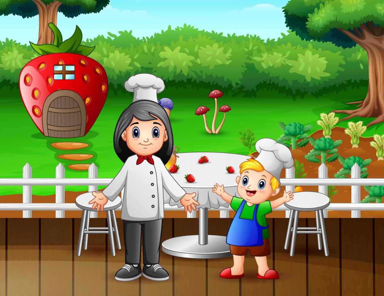 ilustración de un restaurante con un niño y una mujer chef vector