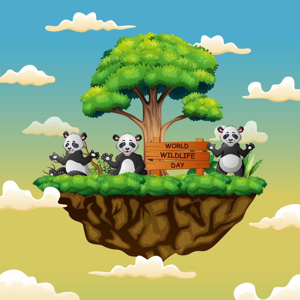 día mundial de la vida silvestre con los tres pandas en la isla vector
