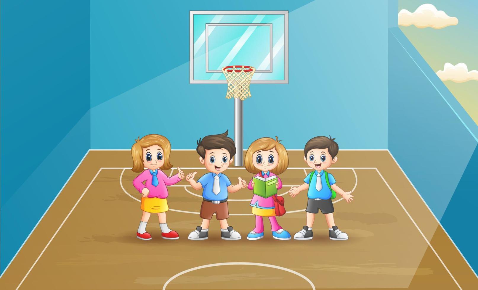 Happy school children in the basketball court vector
