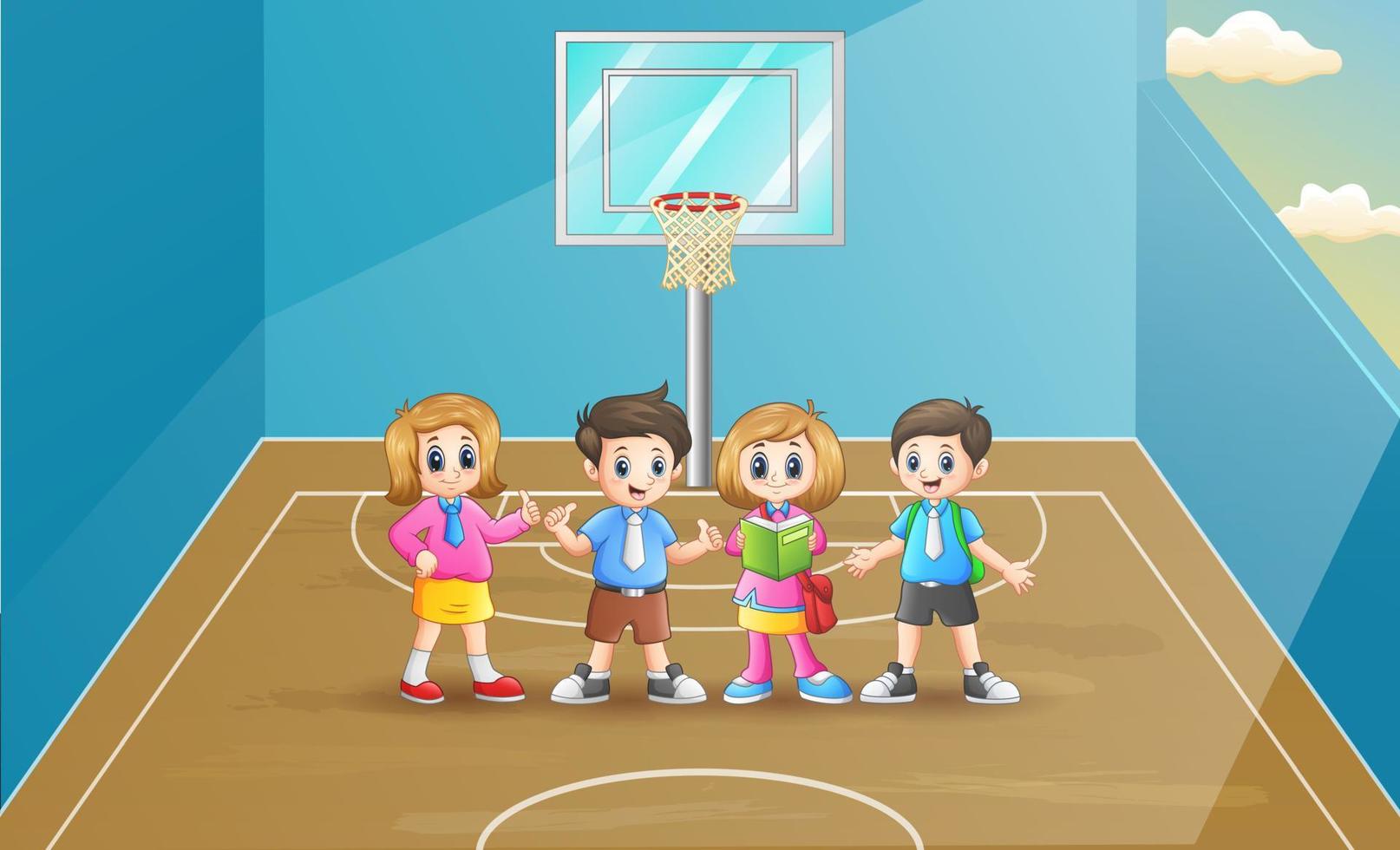 escolares felices en la cancha de baloncesto vector