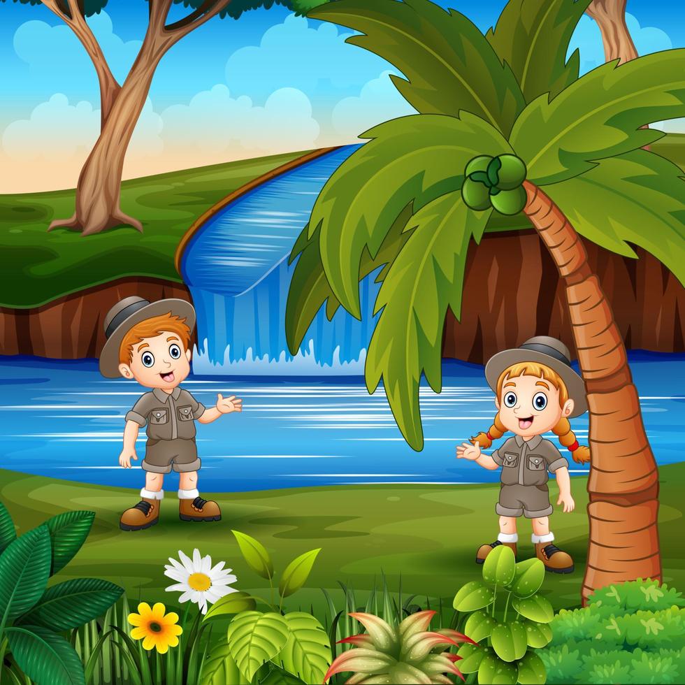 Cartoon the safari boy and girl by the river vector