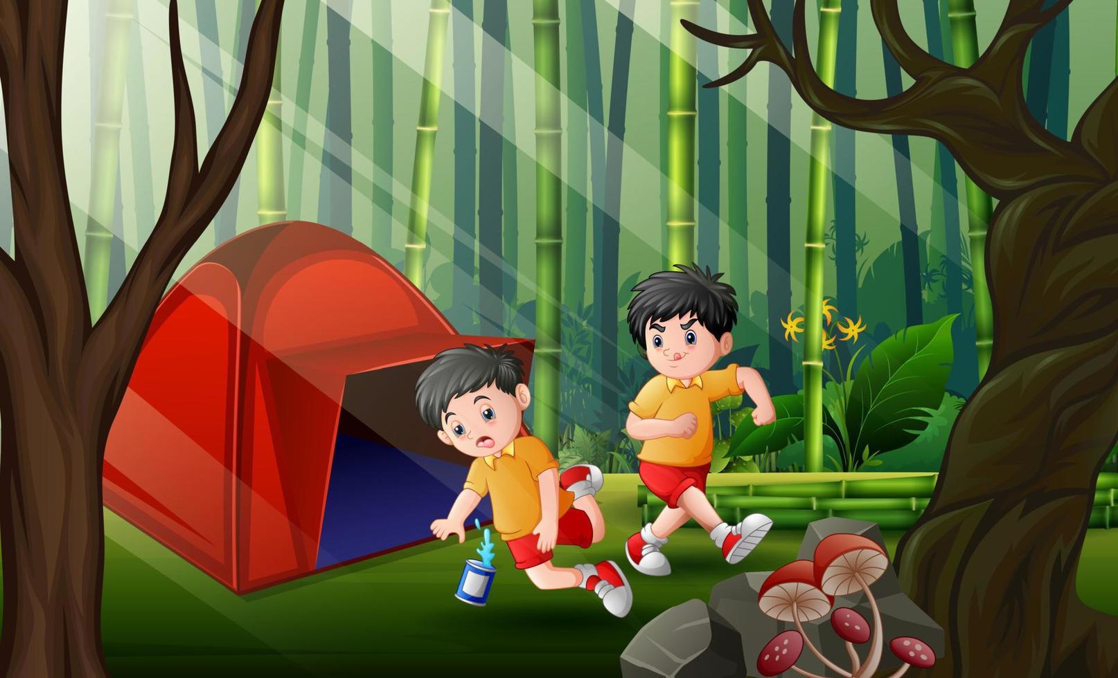 Scene with camping tent and two boys playing vector