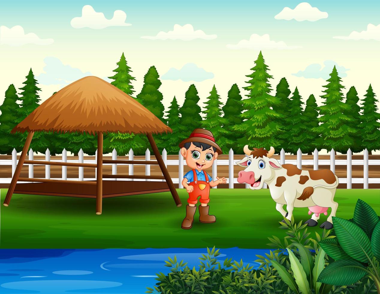 Illustration of young farmer with a cow in the farm vector