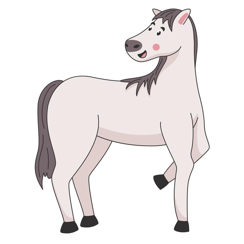 caricatura, lindo, caballo gris, posición, y, sonrisa vector