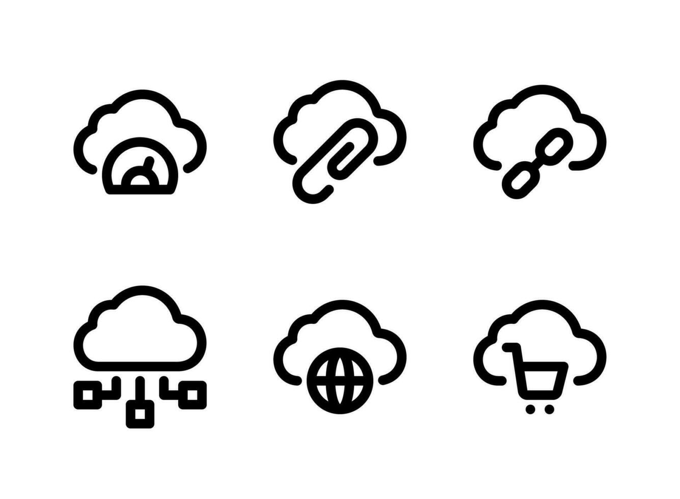 conjunto simple de iconos de línea vectorial relacionados con la computación en la nube. contiene íconos como rendimiento, adjuntar, vincular y más. vector