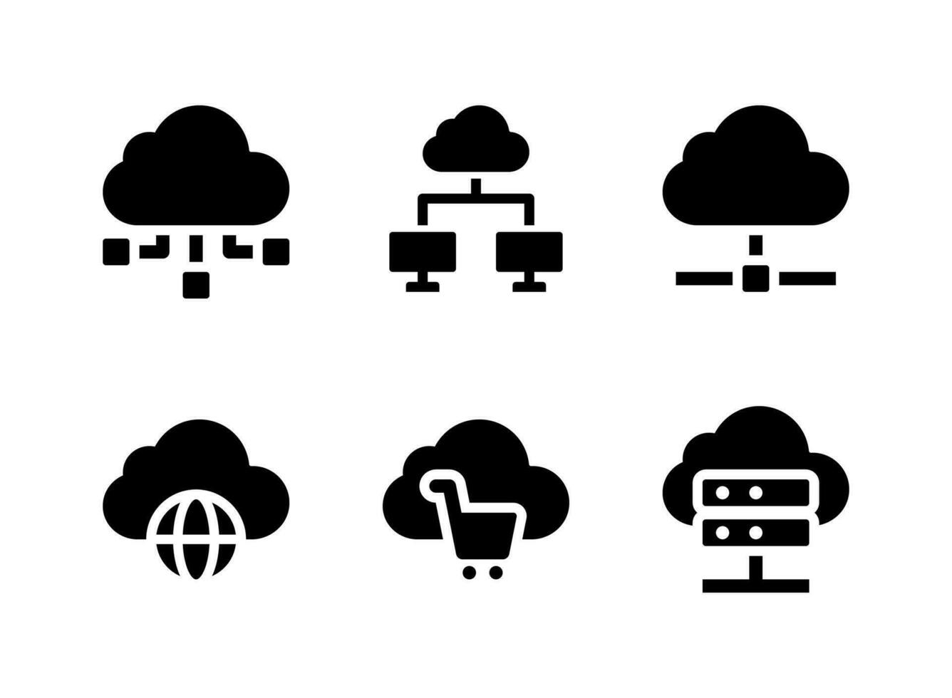 Simple Set of Cloud Computing Related Vector Solid Icons. Contains Icons as Network, Synchronise, Shopping and more.