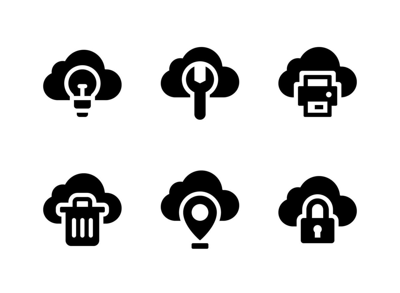 Simple Set of Cloud Computing Related Vector Solid Icons. Contains Icons as Idea, Repair, Print and more.