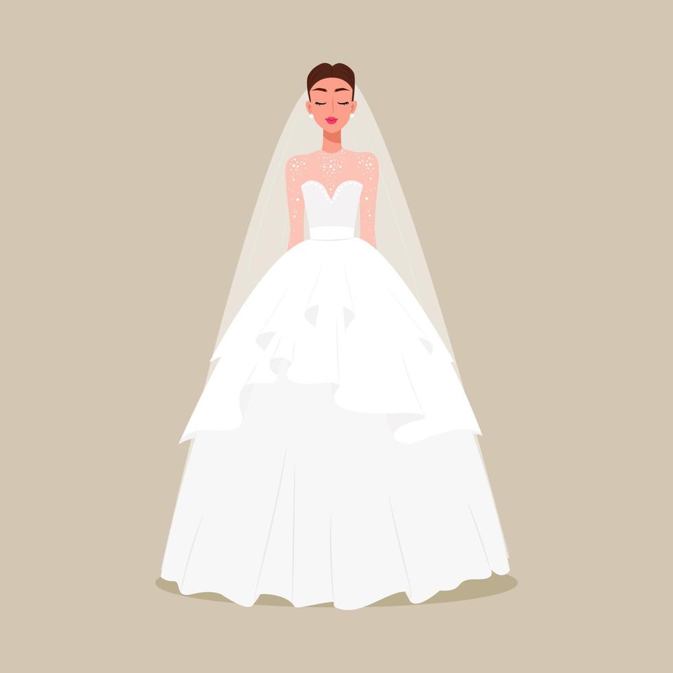 The bride in a lush dress with a veil. Vector illustration in flat cartoon style