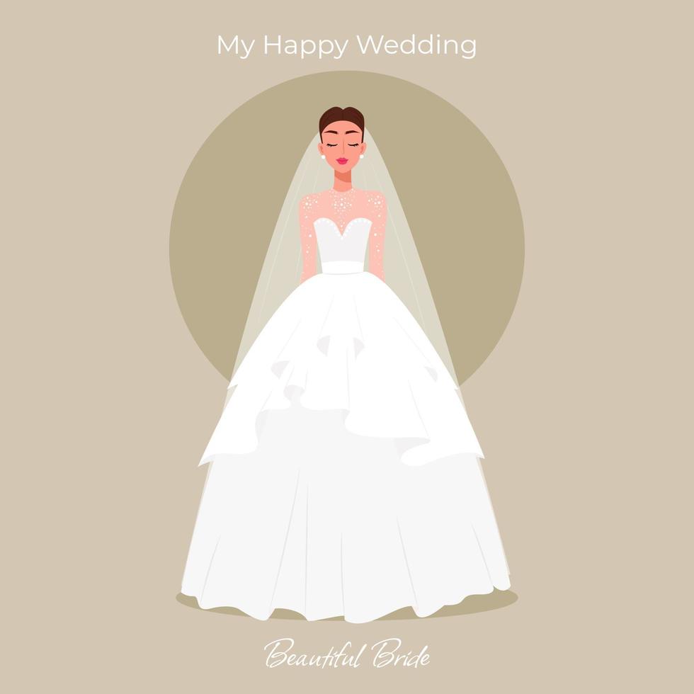 Bride in a lush dress greeting card. Vector illustration in flat cartoon style