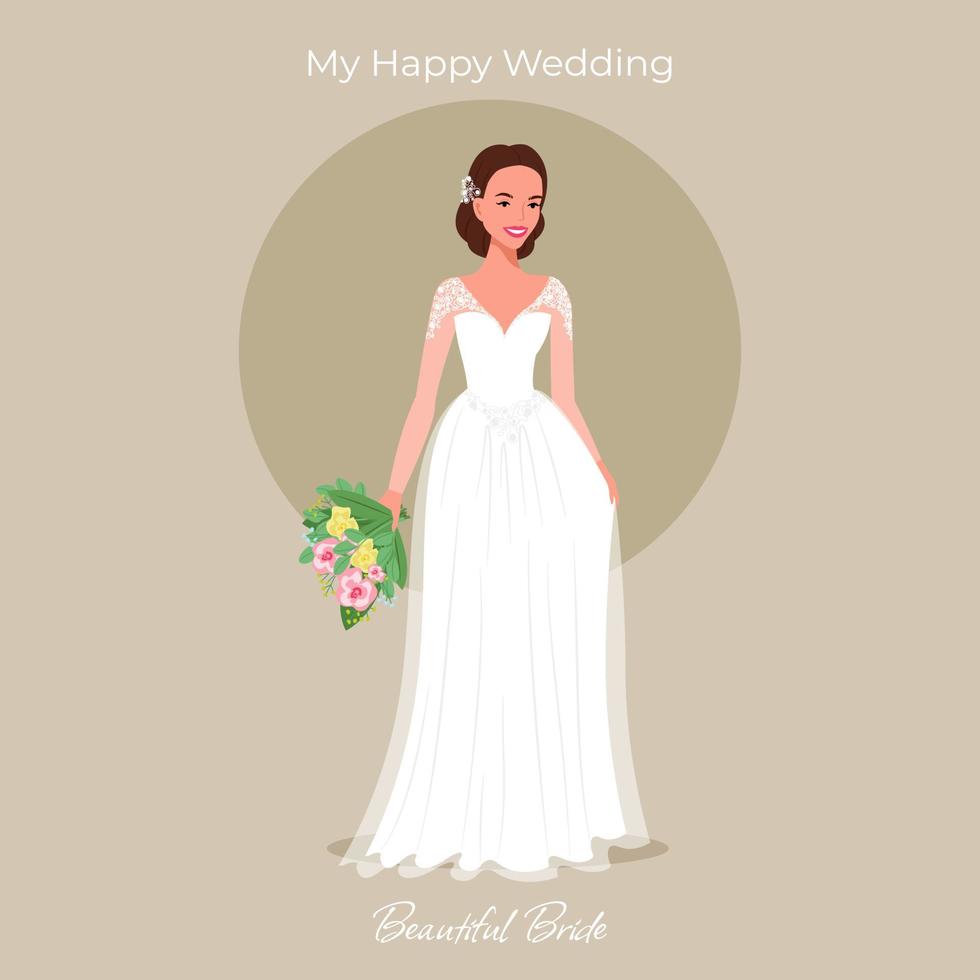 Bride in a beautiful dress with a bouquet of greeting card. Wedding invitation. Vector illustration in flat cartoon style