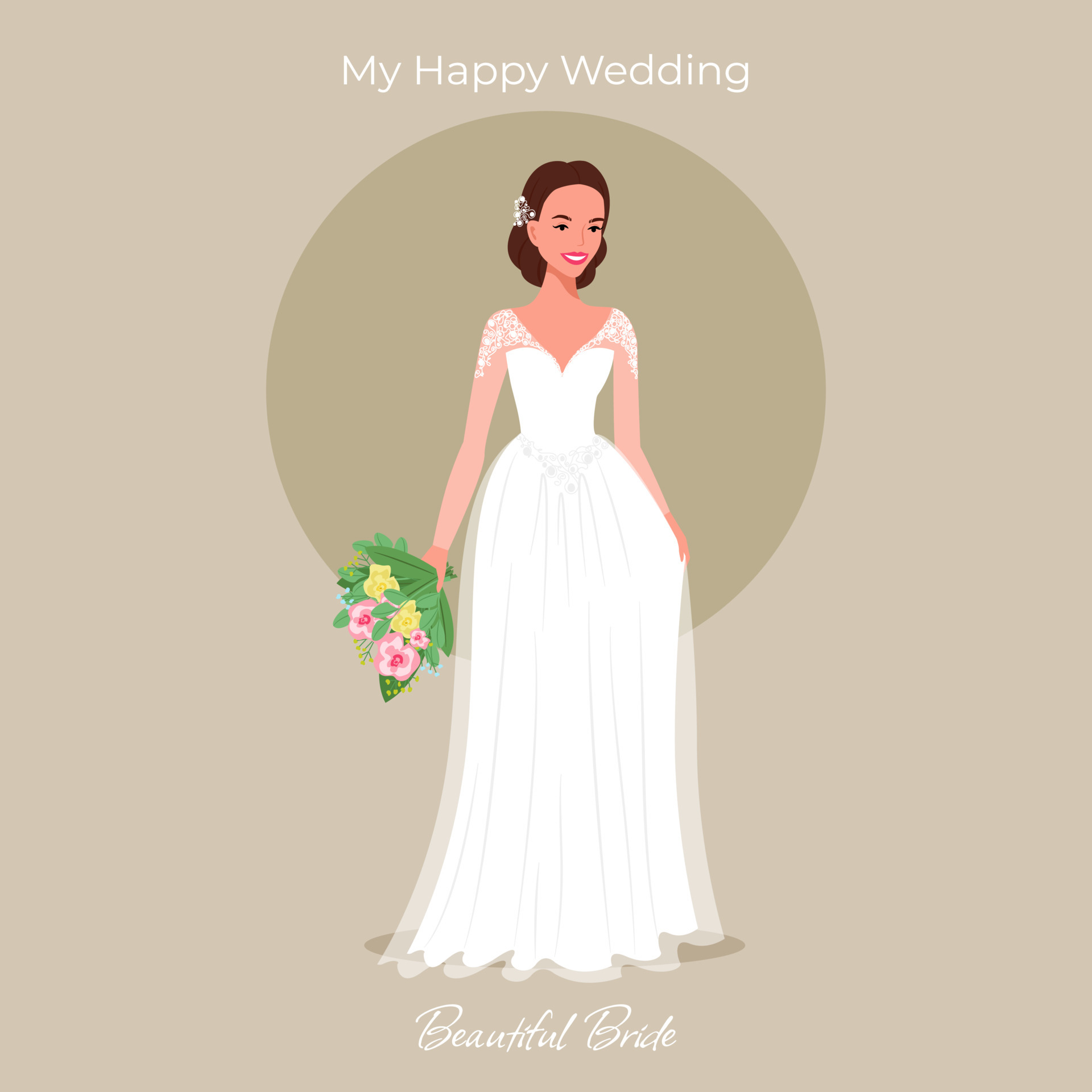 Bride in a beautiful dress with a bouquet of greeting card. Wedding  invitation. Vector illustration in flat cartoon style 6635981 Vector Art at  Vecteezy