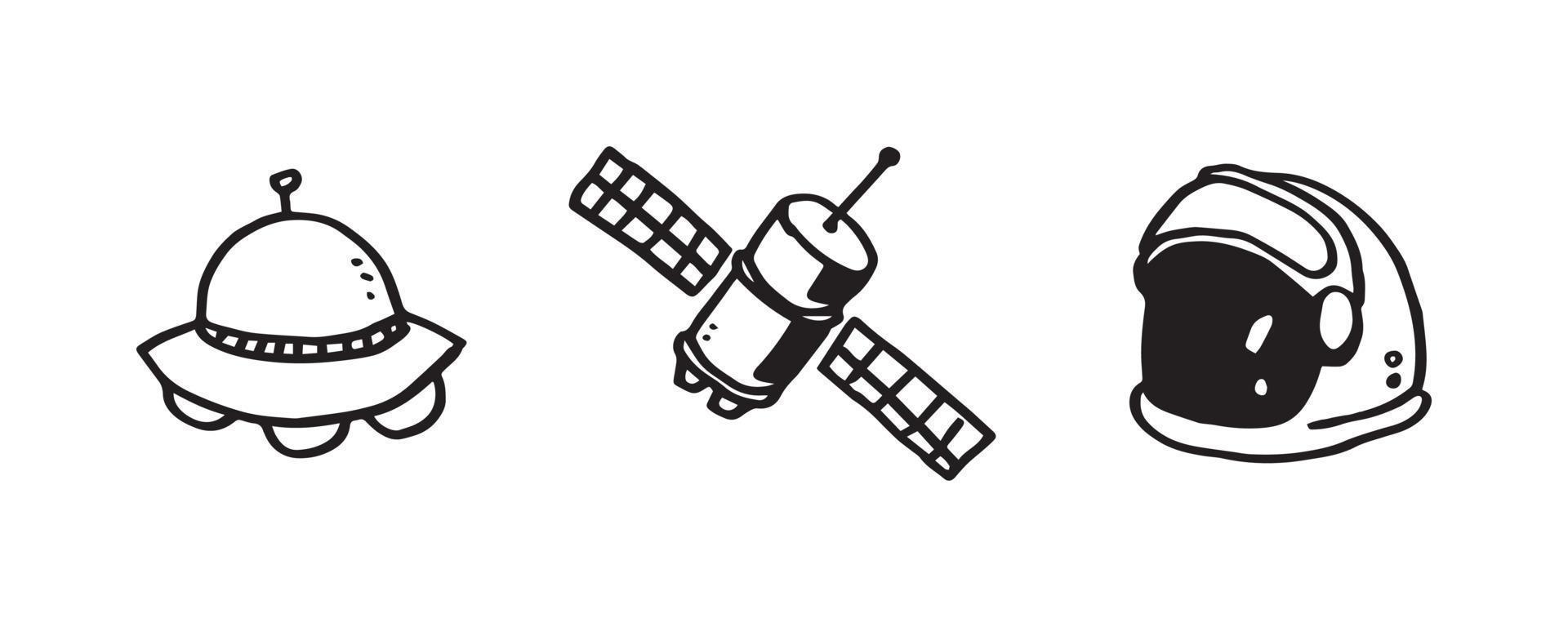 colección de objetos espaciales incompletos aislados sobre fondo blanco. diseño de ilustración de ovnis, satélites y astronautas dibujados a mano vector