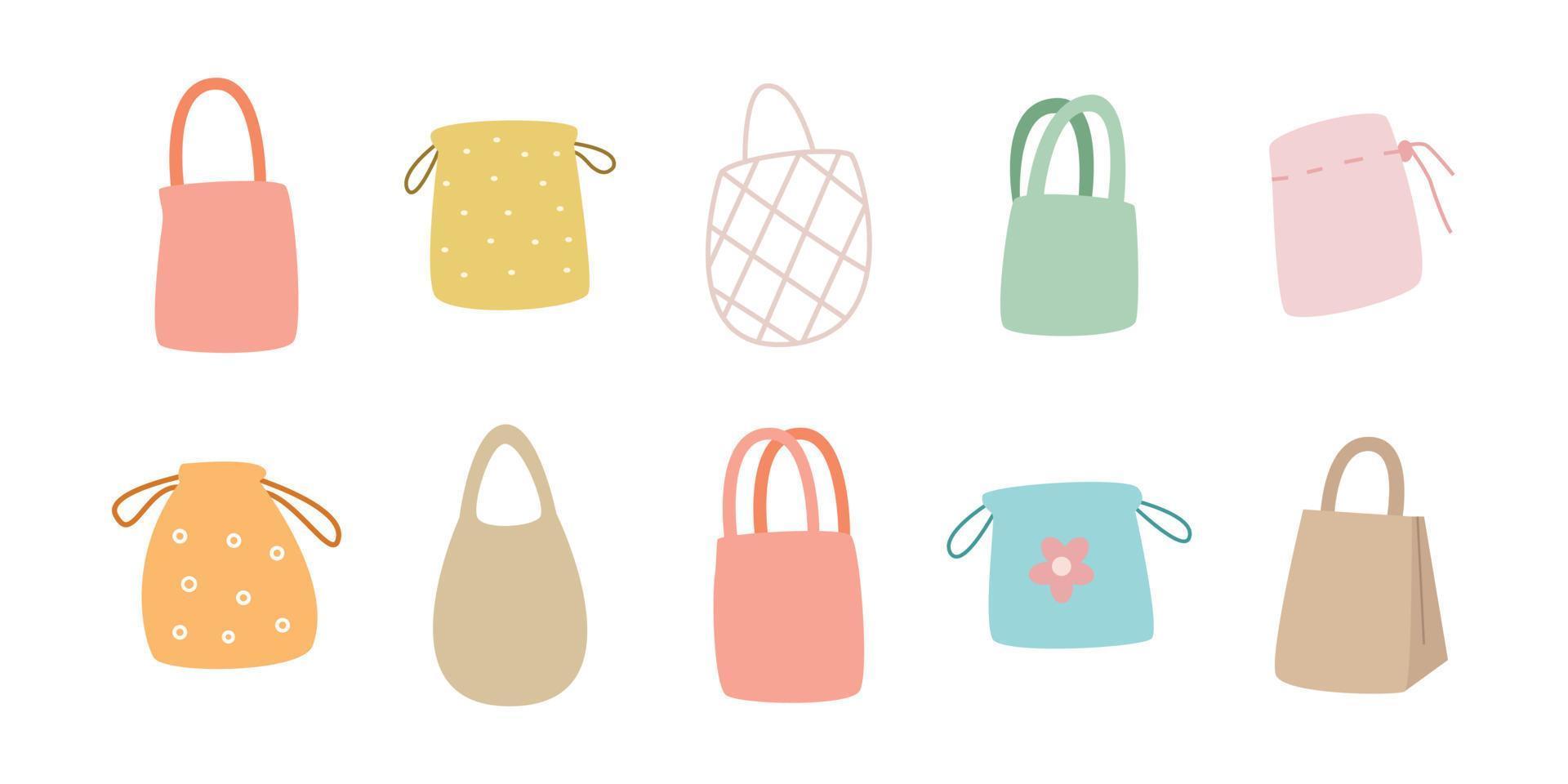 Zero waste hand drawn elements. Cute eco bag illustration. Flat vector illustration. Set of doodle reusable shopping bags
