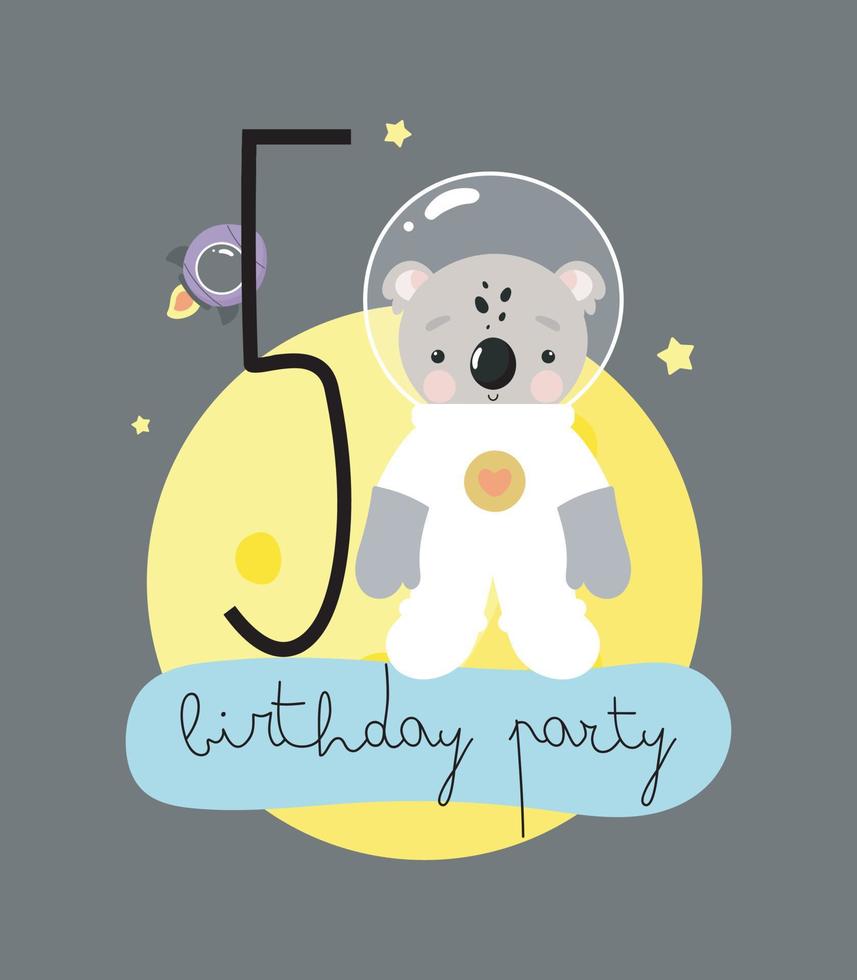 fiesta de cumpleaños, tarjeta de felicitación, invitación de fiesta. ilustración infantil con lindo koala cosmonauta y una inscripción cinco. ilustración vectorial en estilo de dibujos animados. vector