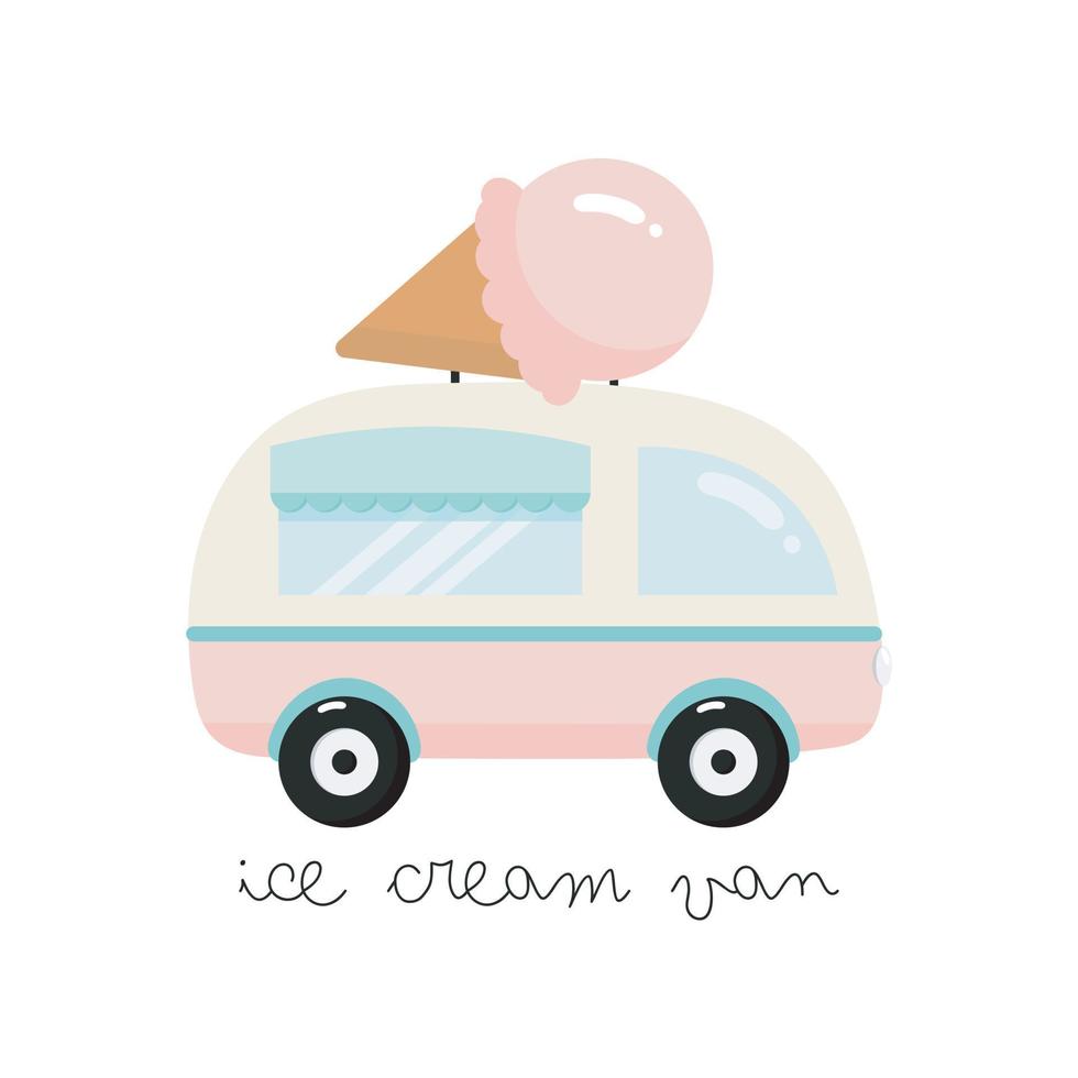 Van with ice cream. For kids stuff, card, posters, banners, books, printing on the pack, printing on clothes, fabric, wallpaper, textile or dishes. Vector illustration.