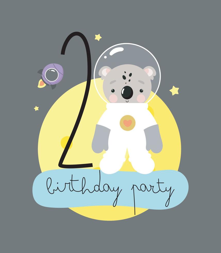 fiesta de cumpleaños, tarjeta de felicitación, invitación de fiesta. ilustración infantil con un lindo koala cosmonauta y una inscripción dos. ilustración vectorial en estilo de dibujos animados. vector