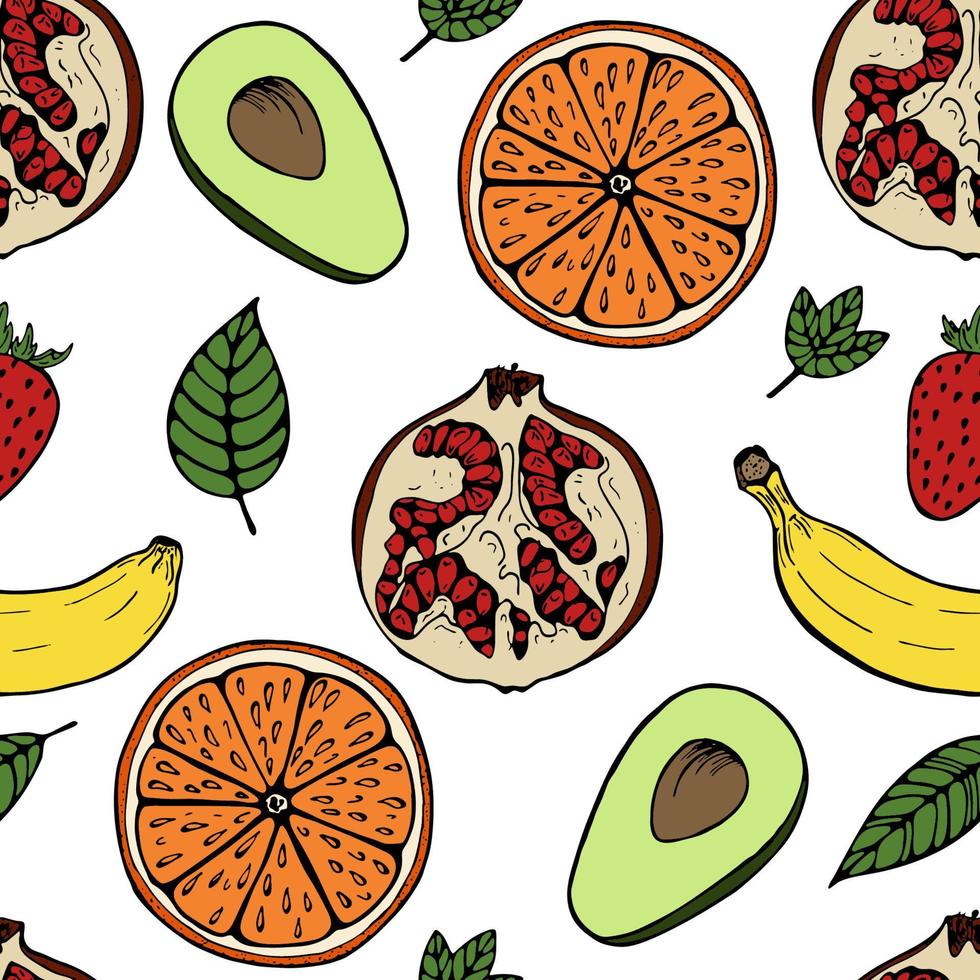 patrón sin costuras de frutas dibujadas a mano con diferentes frutas como granada, plátano, naranja, aguacate, fresa. ilustración vectorial, sobre fondo blanco para tela, textil, diseño de papel vector