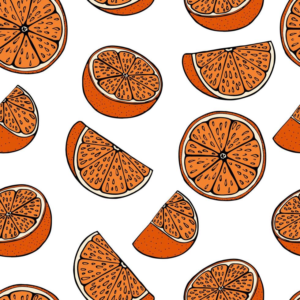 Hand drawn fruit seamless pattern with orange. Vector illustration, on white background  for fabric, textile, paper design