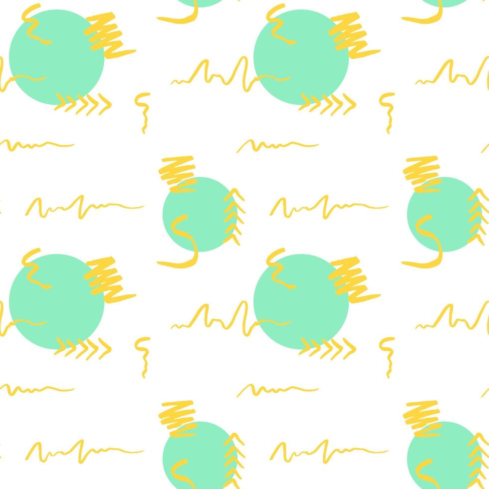 AbstHanddrawn brush stroke and circle seamless pattern. Memphis style pattern. Abstract background. Yellow and turquoise color. vector