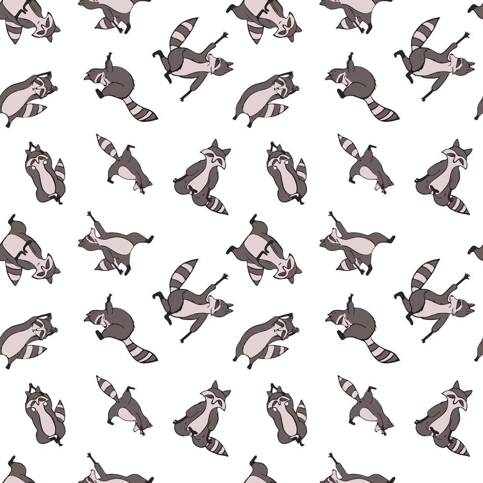 Design seamless pattern with hand drawn raccoon in yoga asana. vector