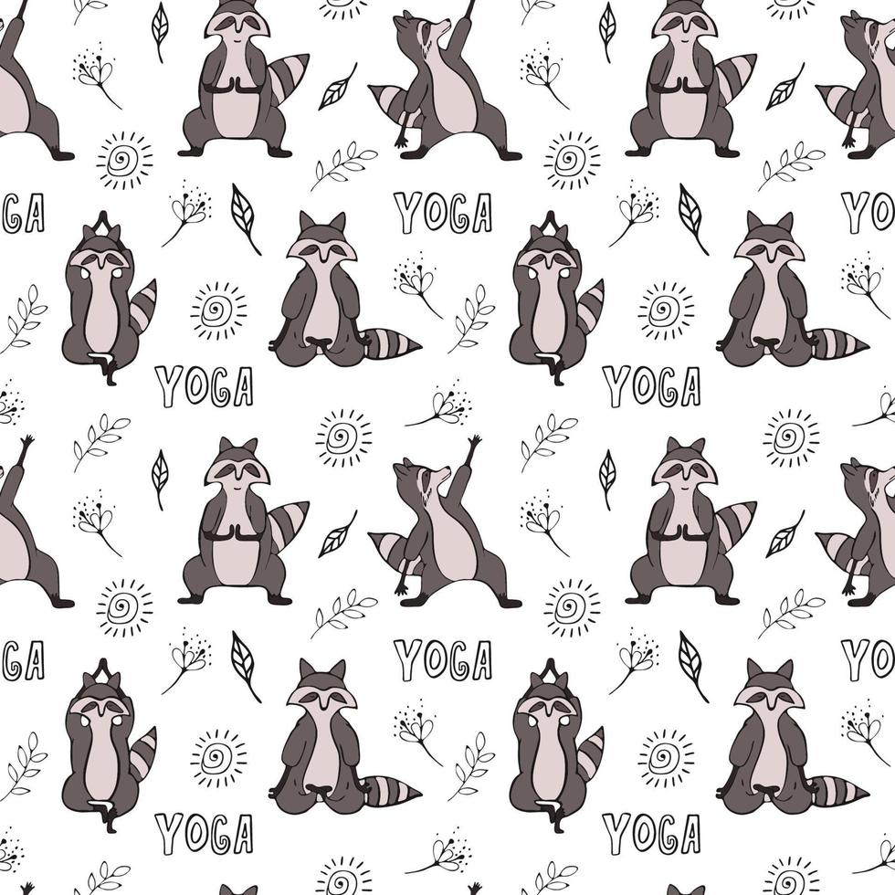 diseño de patrones sin fisuras con mapache dibujado a mano en yoga asana. vector