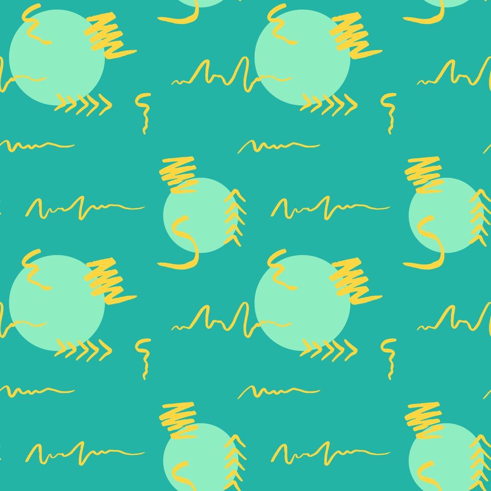 Handdrawn brush stroke and circle seamless pattern. Memphis style pattern. Abstract background. Yellow and turquoise color. vector