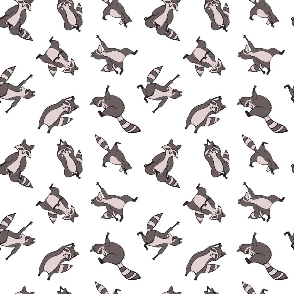 Hand drawn raccoon vector seamless pattern. Trendy graphic wallpaper, background, fabric and textile print design. Cute wildlife animal character in yoga asana.