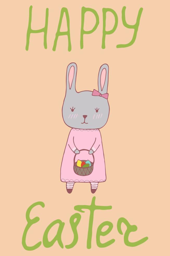 Handdrawn Easter greeting card with banny rabit. Hand lettering greeting phrase Happy Easter. Cute poster with greeting vector illustration.