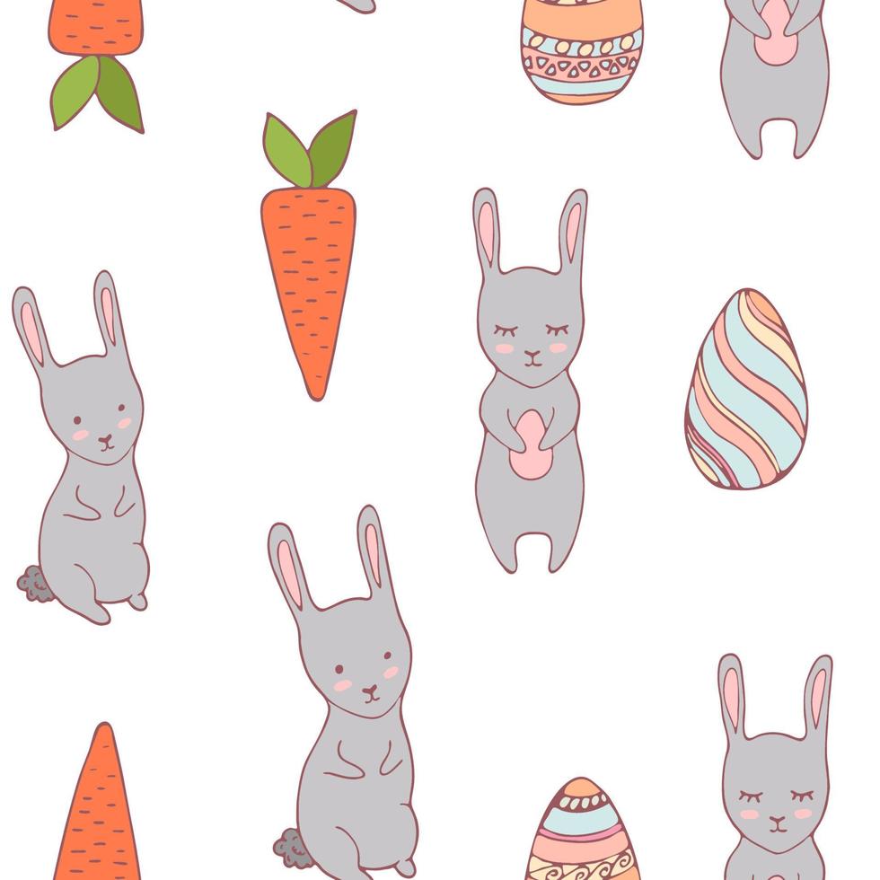 Handdrawn easter seamless pattern with bunny, carrot and decorative eggs, vector illustration