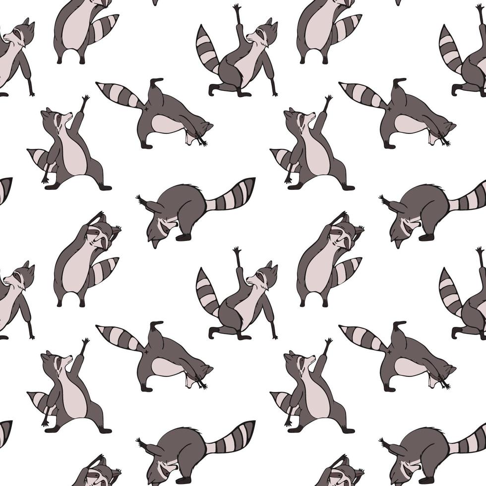 Design seamless pattern with hand drawn raccoon in yoga asana. vector