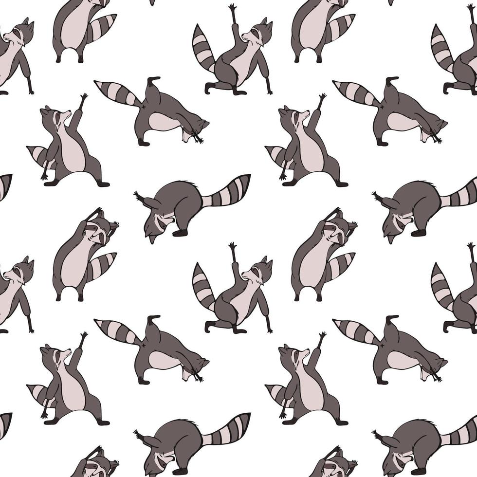 Design seamless pattern with hand drawn raccoon in yoga asana. vector