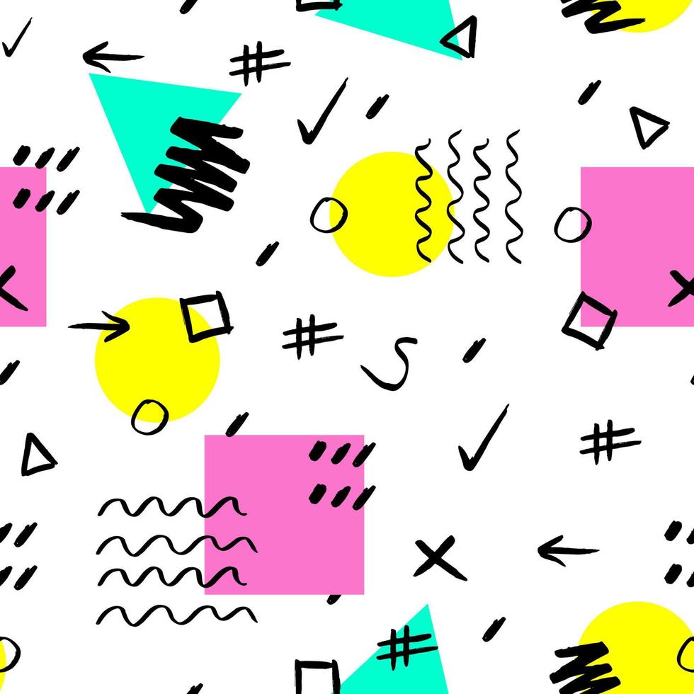 Handdrawn colorful on black background brush stroke seamless pattern. Memphis style pattern. Abstract background. vector