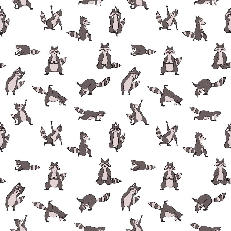 Design seamless pattern with hand drawn raccoon in yoga asana. vector