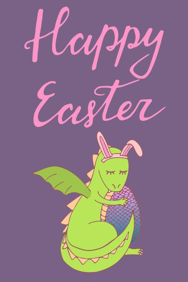 Handdrawn Easter greeting card with dragon and egg. Hand lettering greeting phrase Happy Easter. Cute poster with greeting vector illustration.