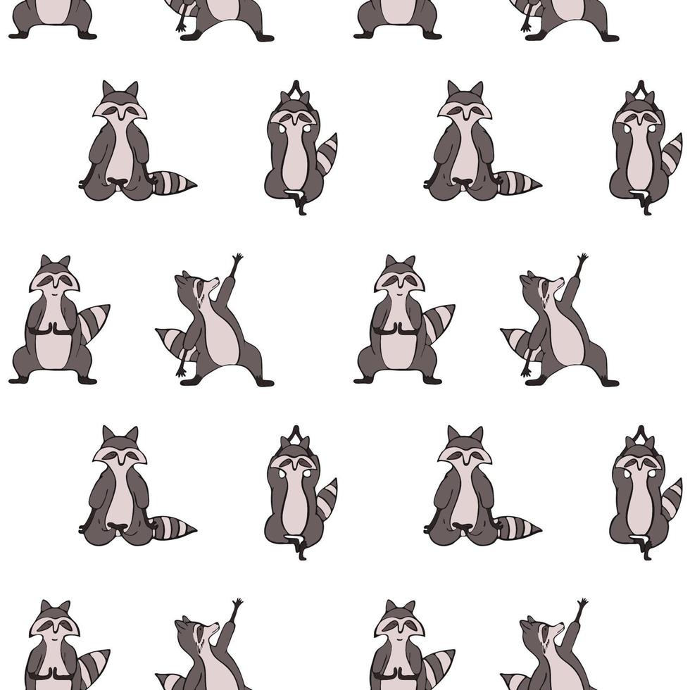 Design seamless pattern with hand drawn raccoon in yoga asana. vector