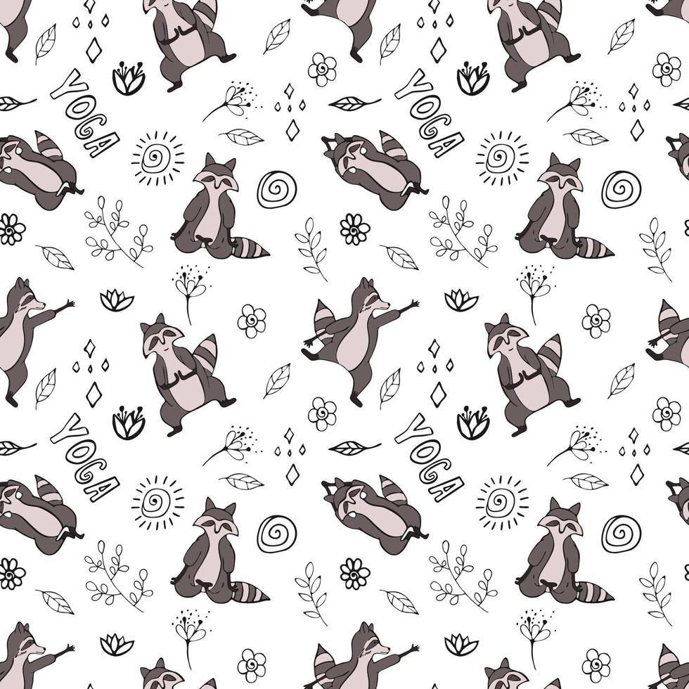 Design seamless pattern with hand drawn raccoon in yoga asana. vector