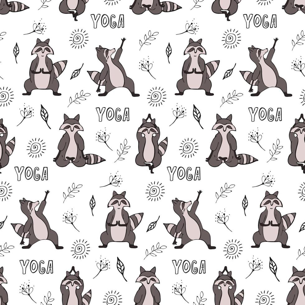 Hand drawn raccoon vector seamless pattern. Trendy graphic wallpaper, background, fabric and textile print design. Cute wildlife animal character in yoga asana.