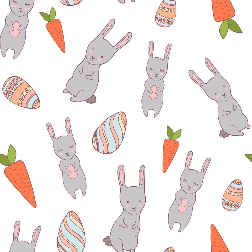 Handdrawn easter seamless pattern with bunny, carrot and decorative eggs, vector illustration