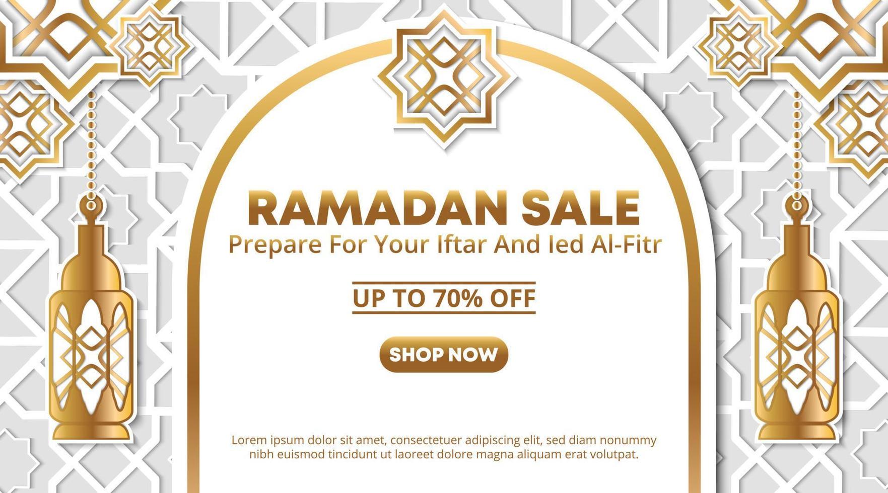 diseño de banner de venta de ramadán con estilo de papel cortado de decoración islámica vector