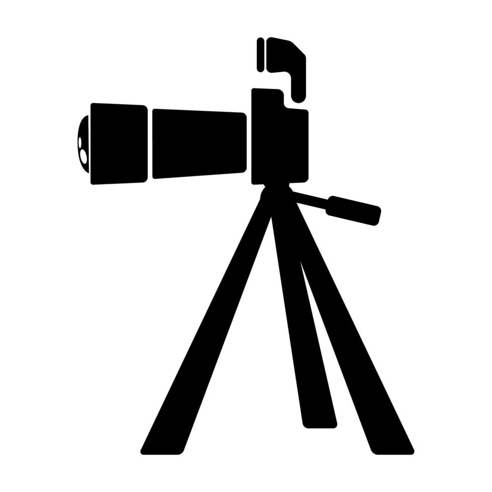 Black icon. Simple camera with tripod icon. vector