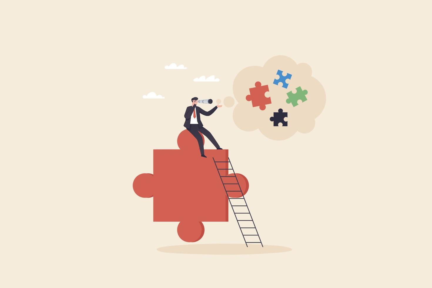 Businessman looking for puzzle pieces. Finding solution or search for last missing piece to finish or complete work, leadership mission or business difficulty concept. vector