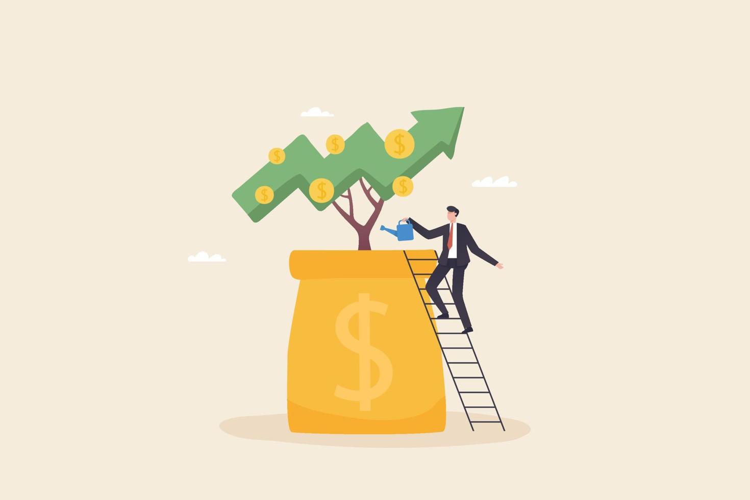 businessman watering and harvest money tree concept. Financial or investment growth, increase earning profit and capital gain, success in wealth management concept, vector